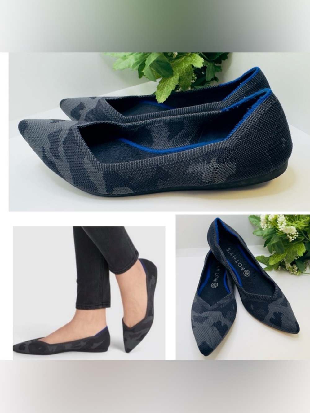 Rothy's The Point Flats Gray Black Camo Slip On Knit Washable Ballet Size W10